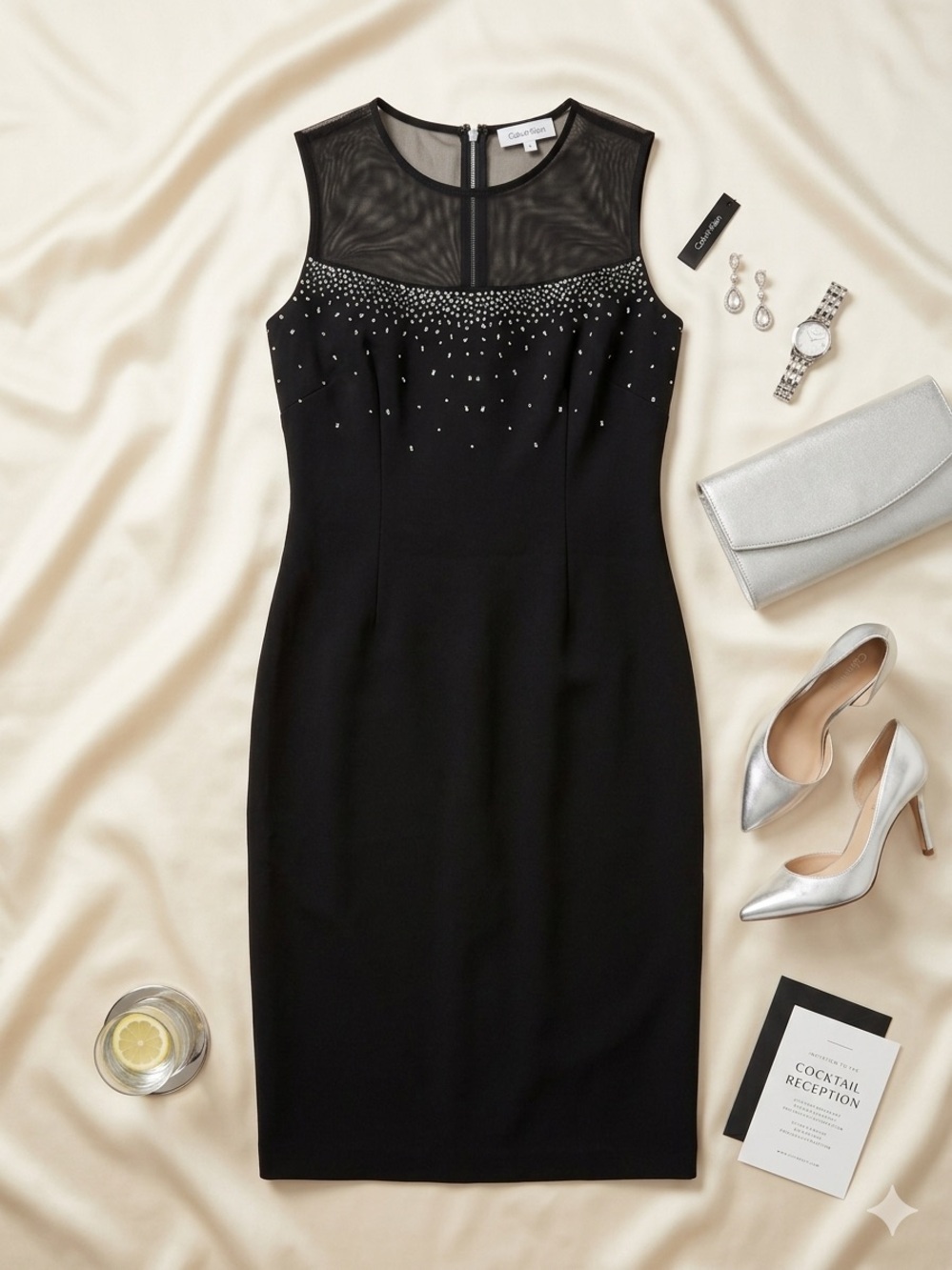 Calvin Klein Black Sheath Dress with Mesh Yoke and Crystal Accents